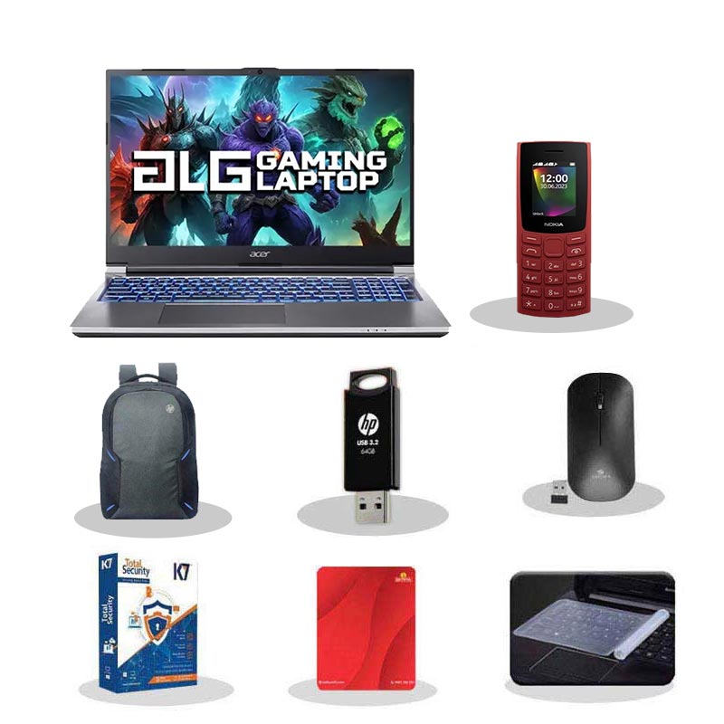 Picture of Acer ALG Gaming - Intel Core i5-12450H 15.6" (39.6cm) AL15G-52 Gaming Laptop (16GB/ 512GB SSD/ Full HD Display/ NVIDIA GeForce RTX 3050 6GB/ Windows 11 Home/1 Year Warranty/ Steel Gray/ 1.99 Kg) with Nokia 106 Keypad Phone + Laptop Bag + K7 Antivirus + Wireless Mouse + Mouse Pad + Pendrive + Laptop Key Skin